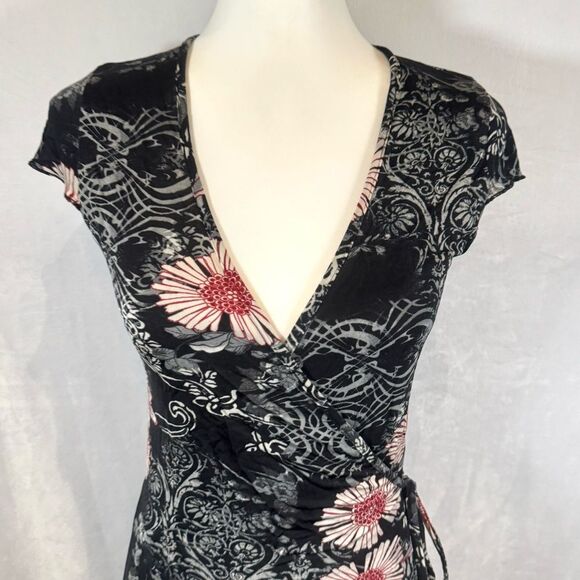 Vintage Avalanche black floral true wrap midi dress size 3 - Picture 2 of 7